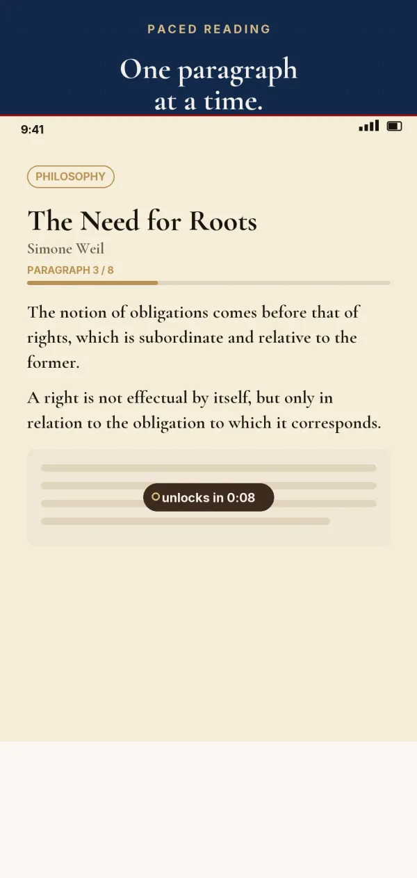 FATHOM 앱 화면 — One paragraph at a time, 한 문단씩 열리는 Paced Reading