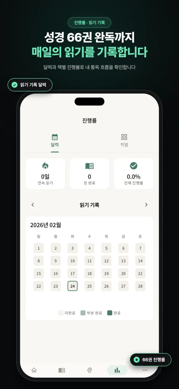 하나통독 App Store 화면 — 달력으로 보는 읽기 기록과 진행률